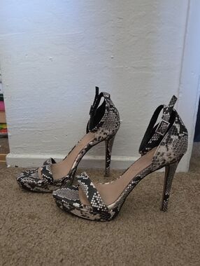 Aldo Snake-Print Stiletto Sandals in Black and Cream